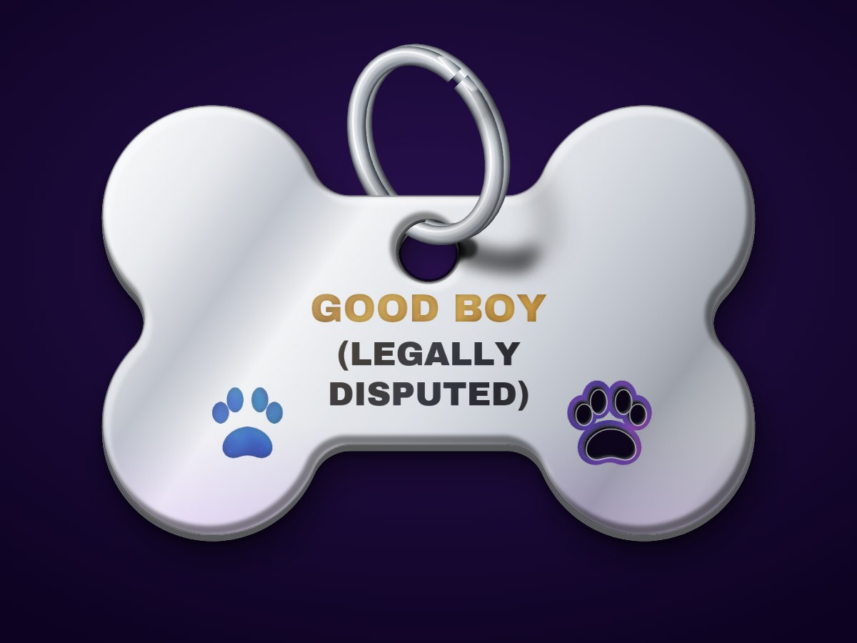 Mockup of a stainless bone tag engraved GOOD BOY in gold and (LEGALLY DISPUTED) in dark grey, with a blue paw print and a purple paw outline