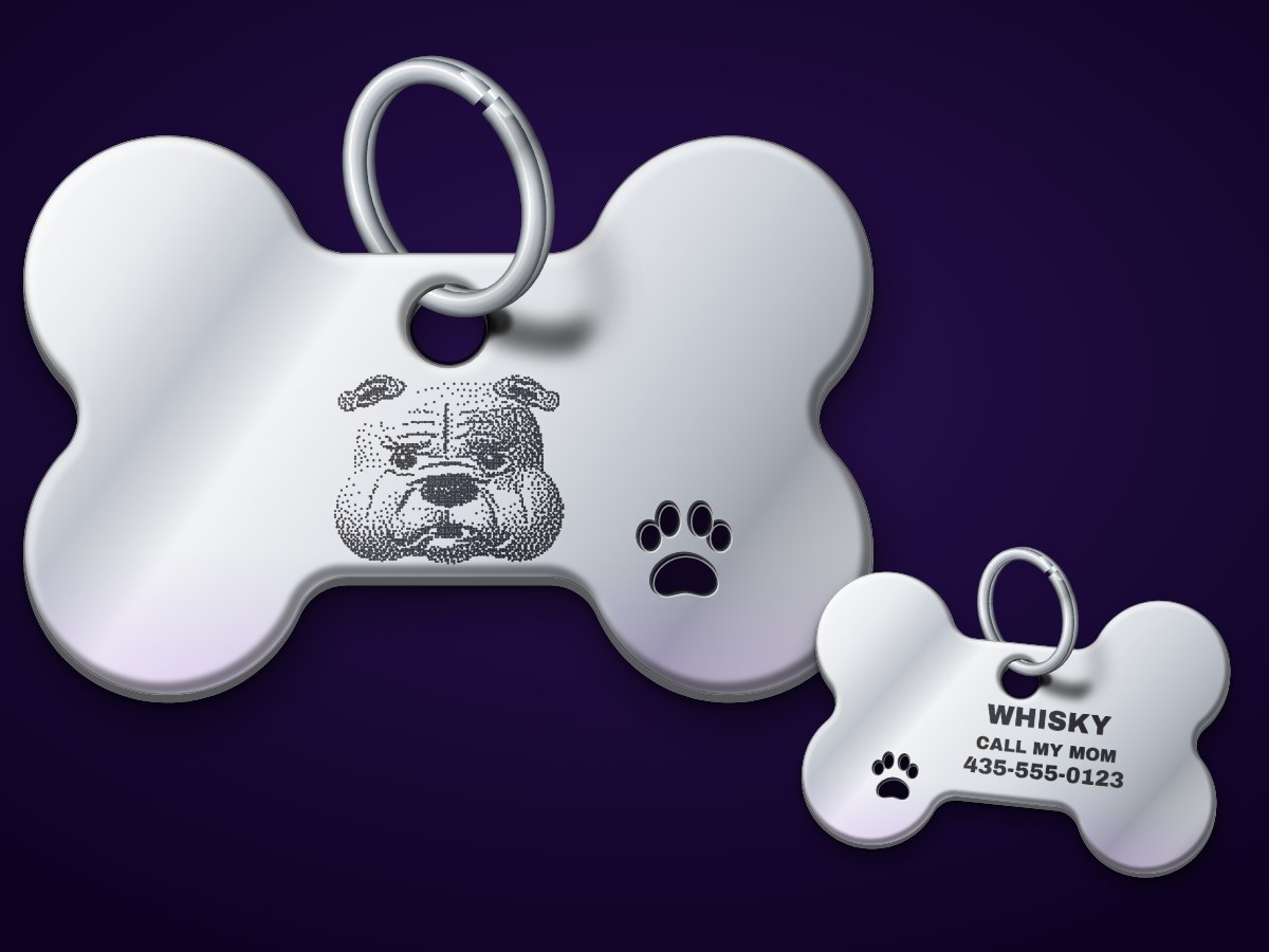 Mockup of a polished stainless bone tag with a bulldog's face engraved in grayscale dots on the front, and a smaller bone showing the back engraved WHISKY, CALL MY MOM and a phone number